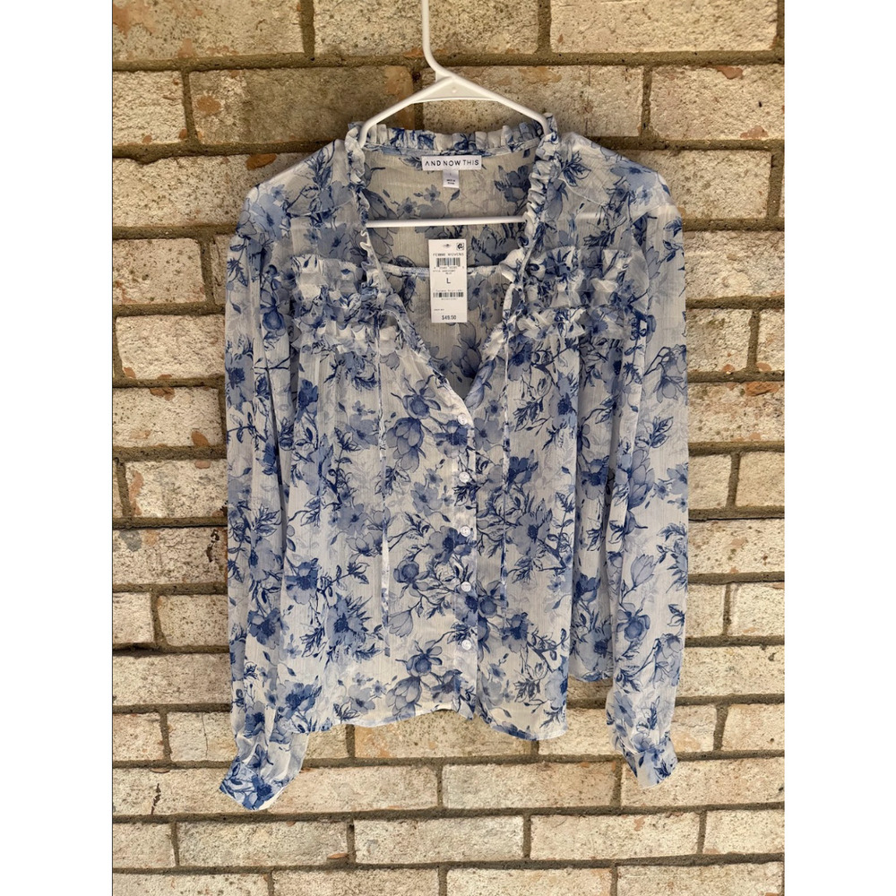 And Now This Women’s White & Blue Floral Long Sleeve Blouse Size Large NWT